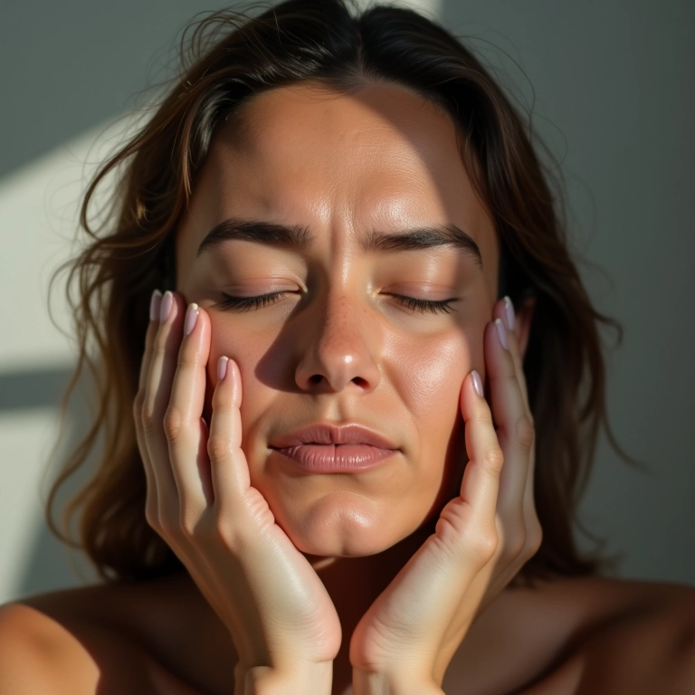 Mulher aliviando a tensão e o estresse do rosto com exercícios de relaxamento facial.