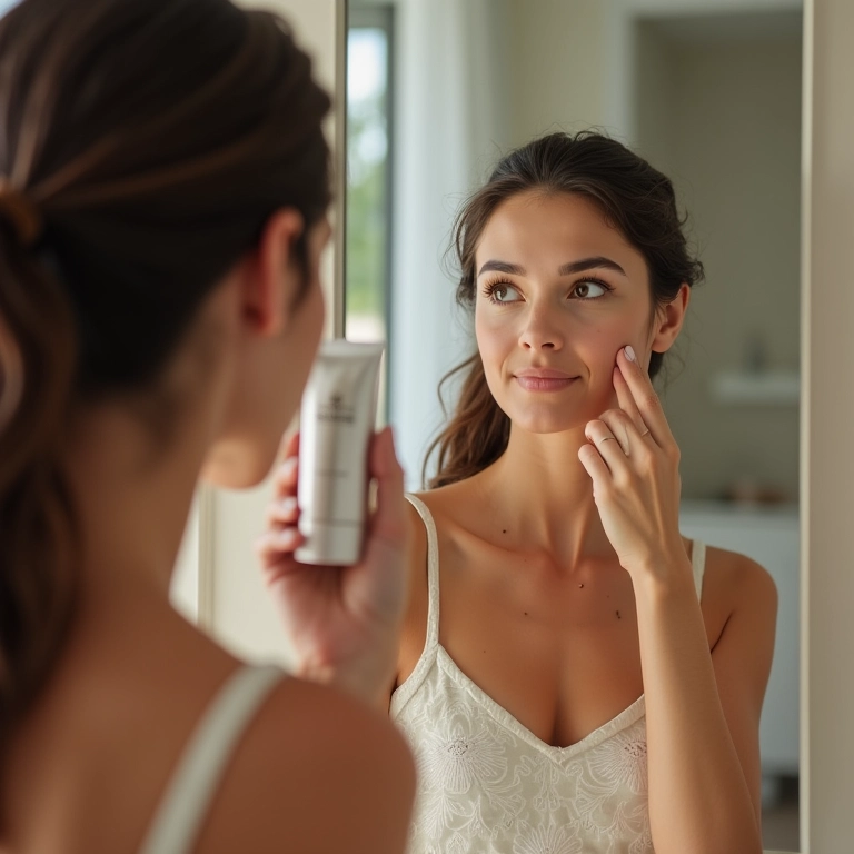 Mulher analisando a pele do rosto em banheiro iluminado.