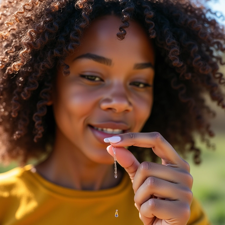 Mulher analisando a porosidade do cabelo 3C sob a luz do sol.