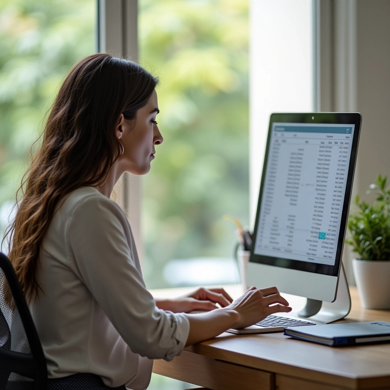 Mulher analisando a situação financeira familiar atual em um escritório com decoração brasileira.