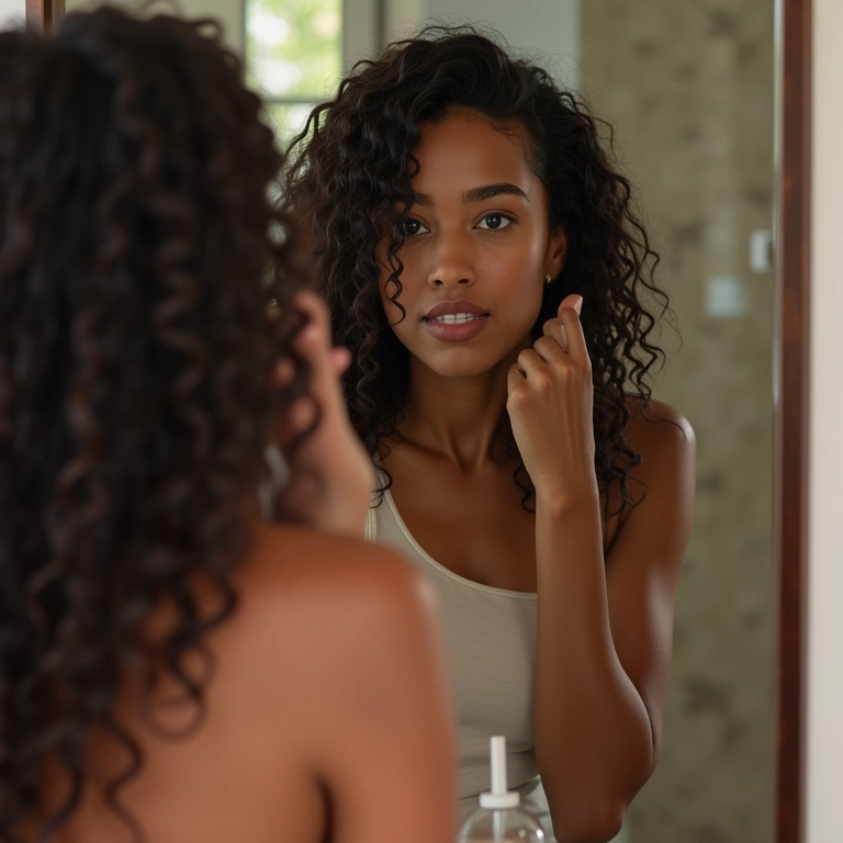 Mulher analisando a textura do cabelo no espelho antes da acidificação.