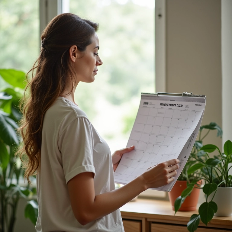 Mulher analisando calendário de visitas flexível após divórcio.