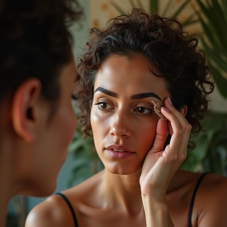 Mulher analisando o formato do rosto no espelho para planejar o design da sobrancelha.