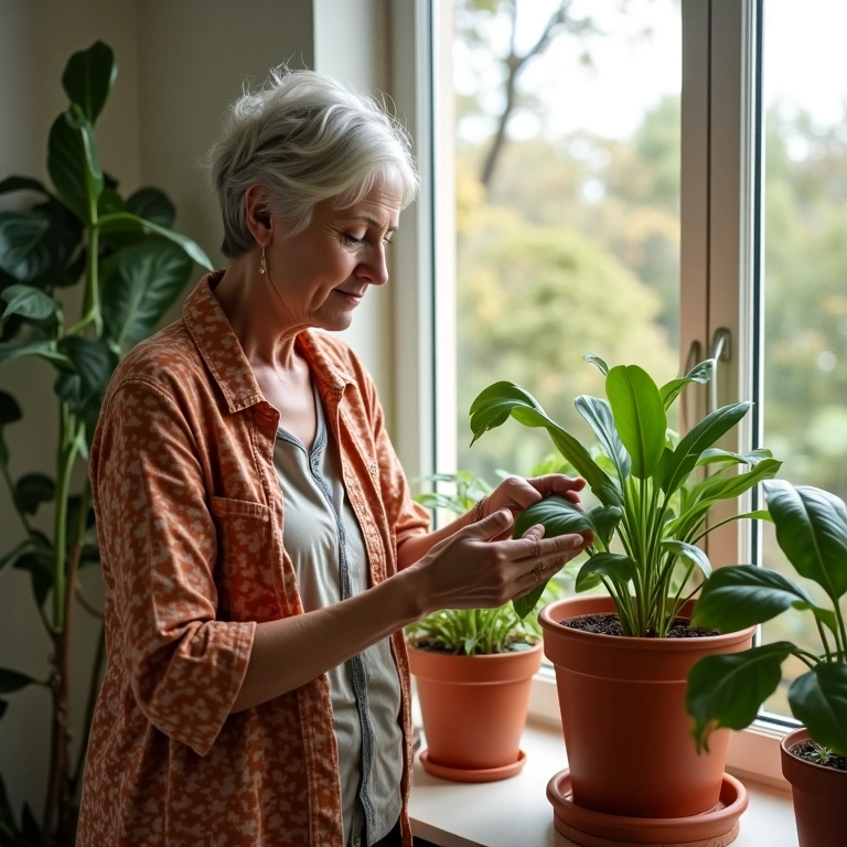Mulher analisando o melhor local para um vaso de planta na sala.