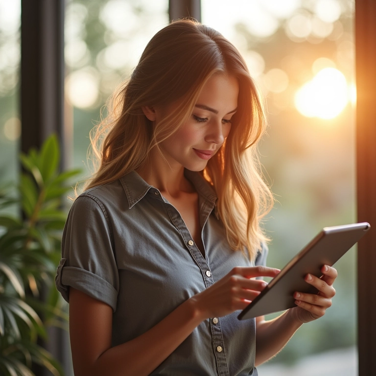 Mulher analisando opções de hospedagem familiar em tablet, com foco em comodidades.