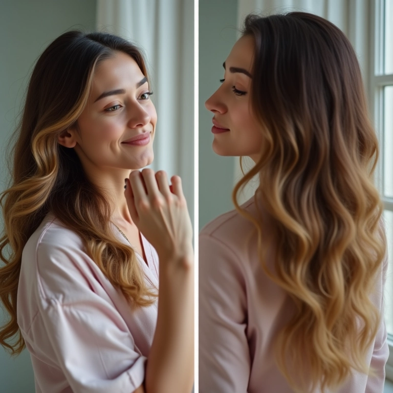 Mulher analisando os resultados do cronograma capilar, com expressão pensativa.