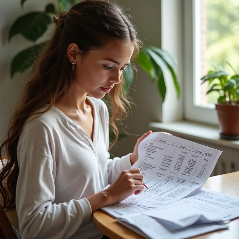 Mulher analisando planilhas de despesas do filho.