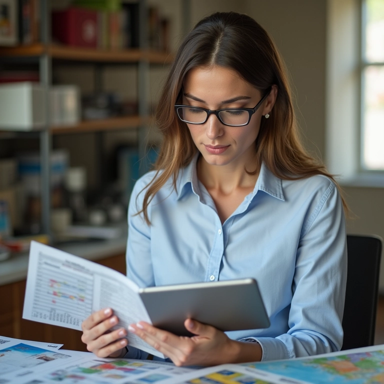 Mulher analisando planilhas de orçamento em um tablet.