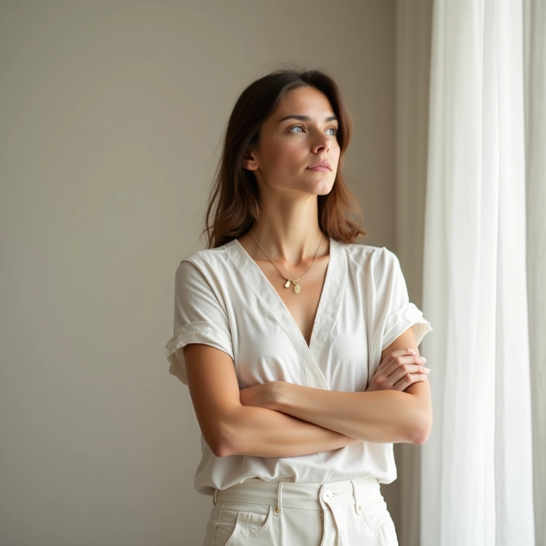 Mulher analisando roupas neutras para seu guarda-roupa cápsula em casa iluminada.