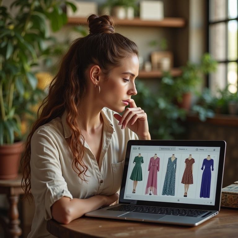 Mulher analisando seu estilo para escolher vestido online.