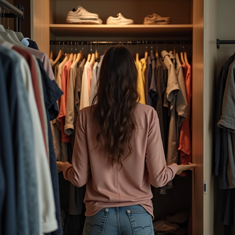 Mulher analisando seu guarda-roupa cheio de roupas.