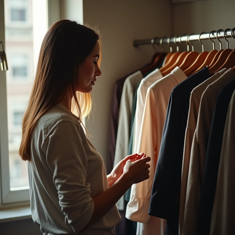 Mulher analisando seu guarda-roupa, praticando o consumo consciente.