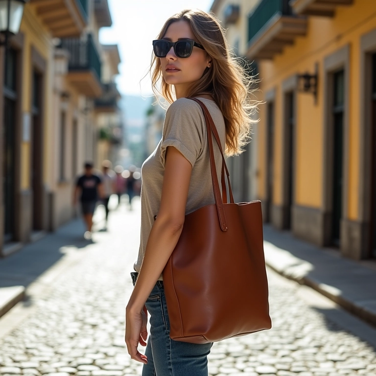 Mulher andando no Rio com bolsa de couro.