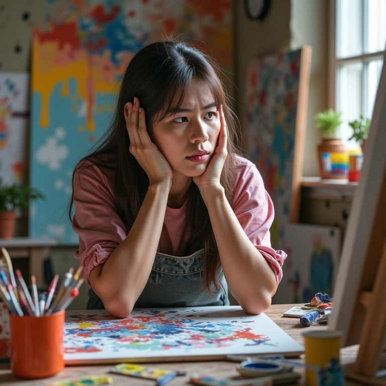 Mulher angustiada olhando para uma pintura falhada, com materiais de arte espalhados.
