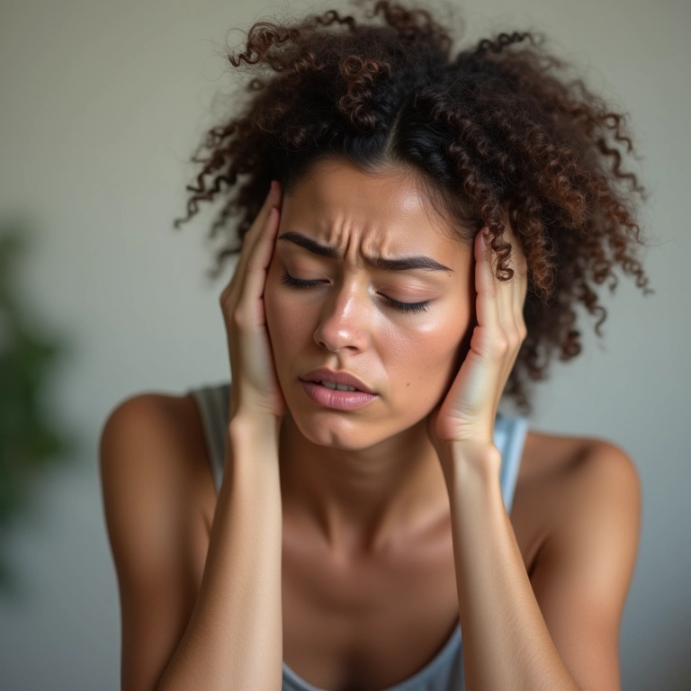 Mulher ansiosa com as mãos na cabeça, estressada com a queda de cabelo.