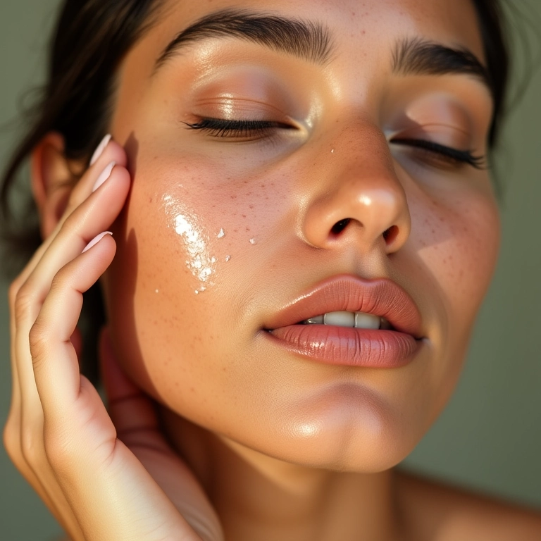 Mulher aplicando água termal no rosto maquiado.