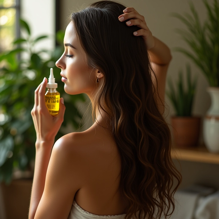Mulher aplicando azeite extra virgem no cabelo como dica extra de pré-poo.