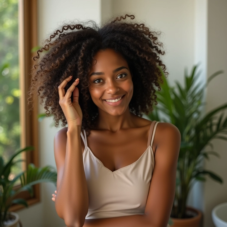 Mulher aplicando azeite no cabelo cacheado em banheiro iluminado com plantas.