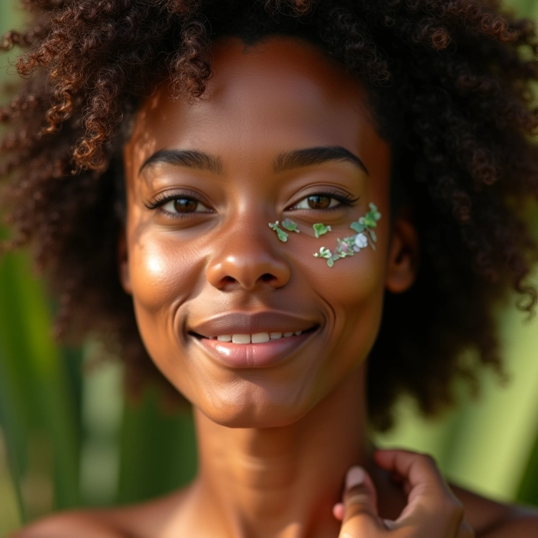 Mulher aplicando babosa no cabelo, close-up focado nos benefícios da hidratação.
