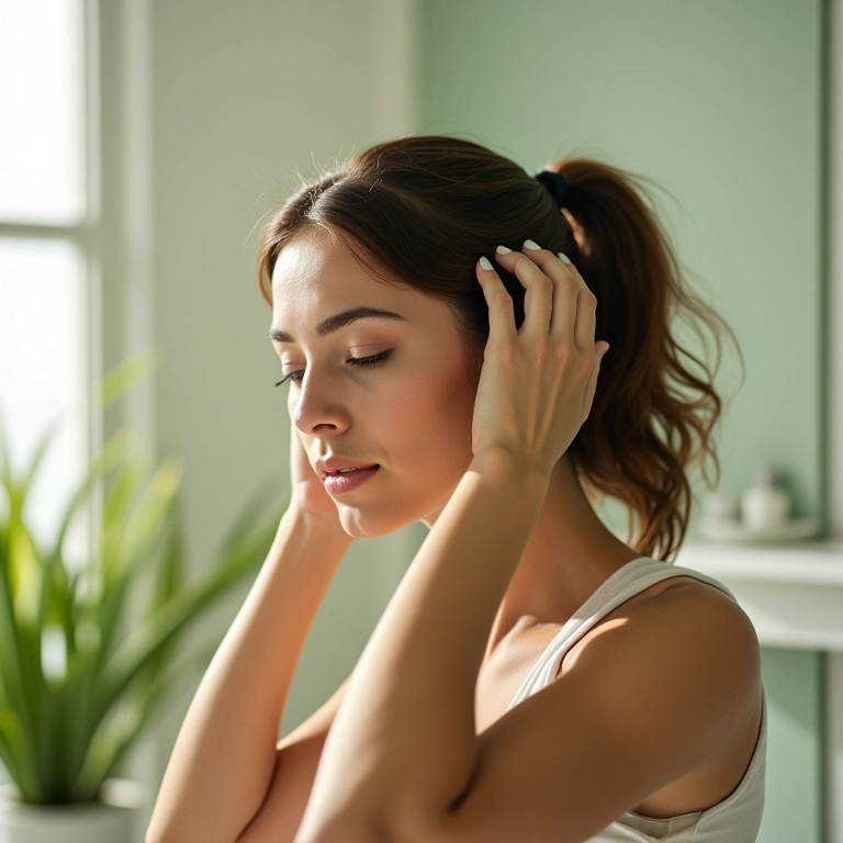 Mulher aplicando babosa no cabelo para hidratação.