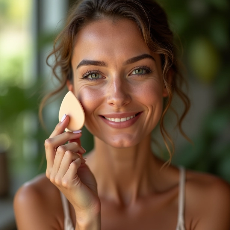 Mulher aplicando base com esponja gota, maquiagem natural e pele radiante.