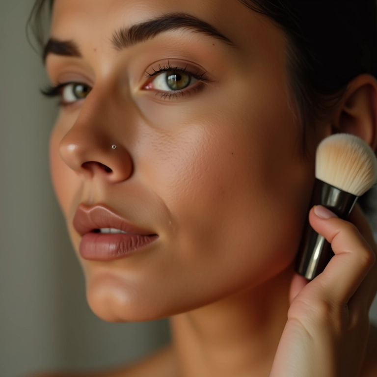 Mulher aplicando base de cobertura leve para maquiagem.