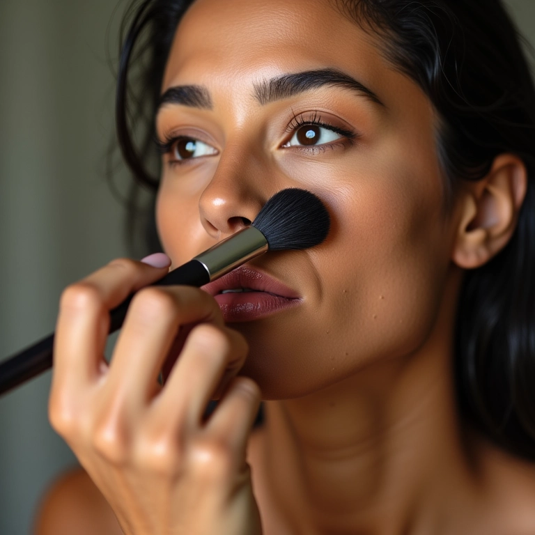 Mulher aplicando base em camadas finas.