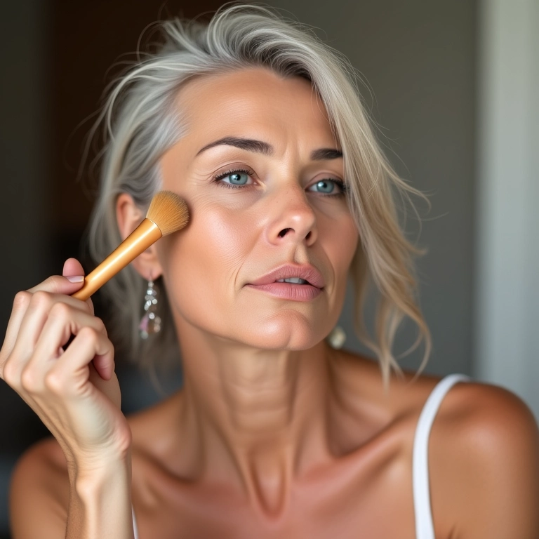 Mulher aplicando base fluida com pincel, tom de pele uniforme.