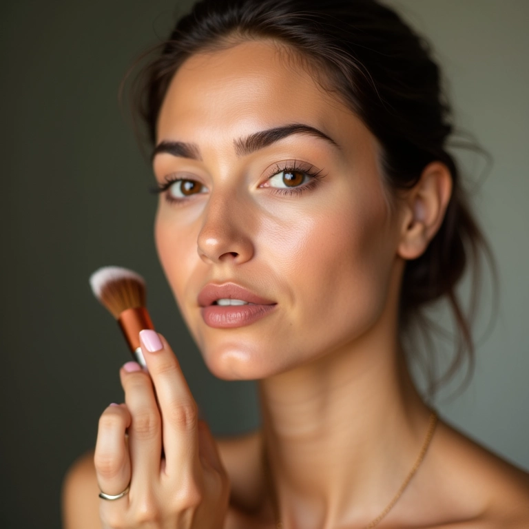 Mulher aplicando base leve e translúcida com pincel.