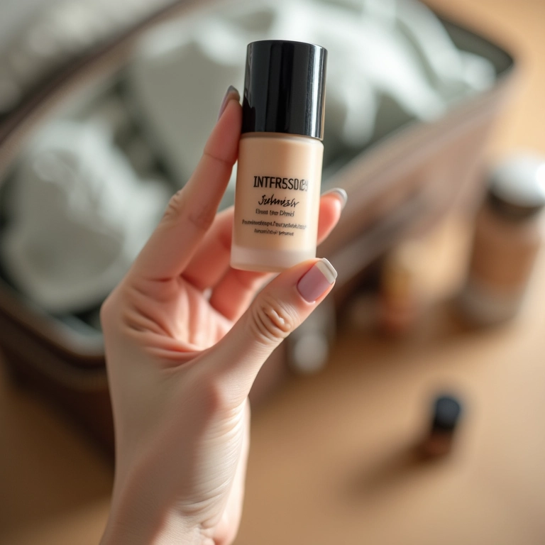 Mulher aplicando base multifuncional leve em frente a mala de viagem semi pronta.