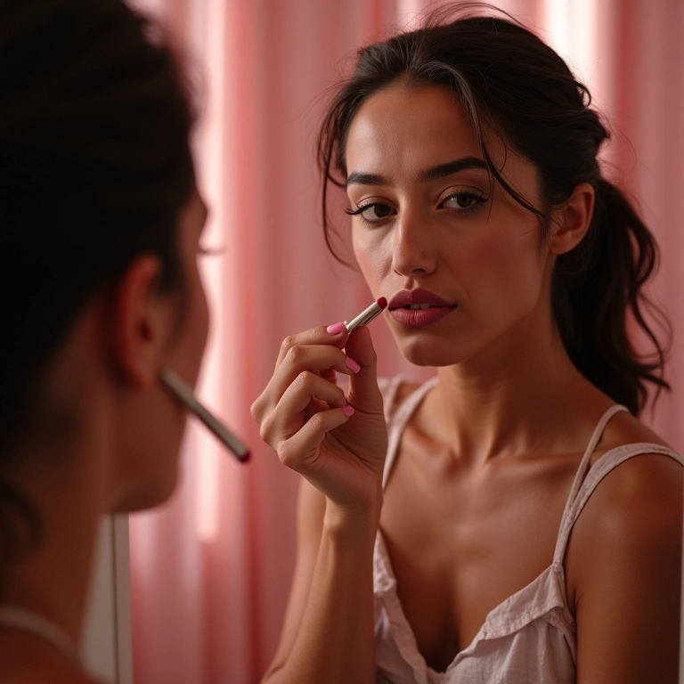 Mulher aplicando batom em frente ao espelho com iluminação natural.