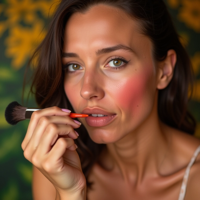 Mulher aplicando blush em tons pêssego ou rosado nas bochechas.