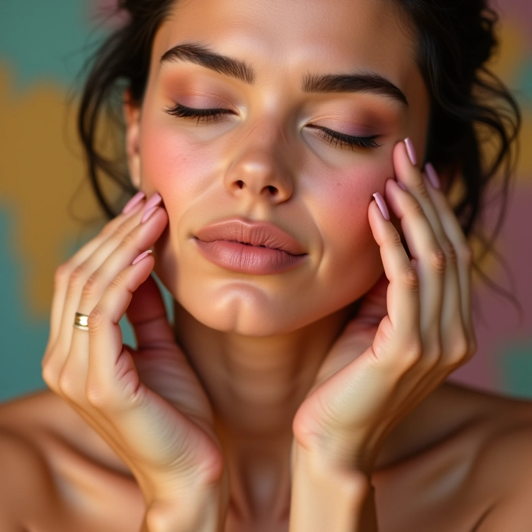 Mulher aplicando blush nas bochechas, maquiagem suave e natural.