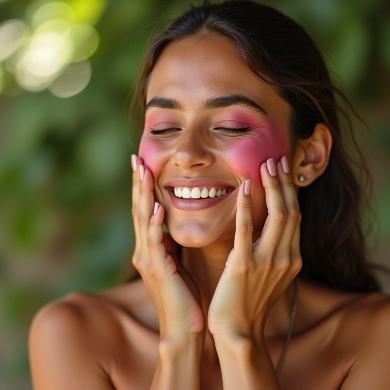 Mulher aplicando blush nas bochechas, sorrindo e com iluminação natural.