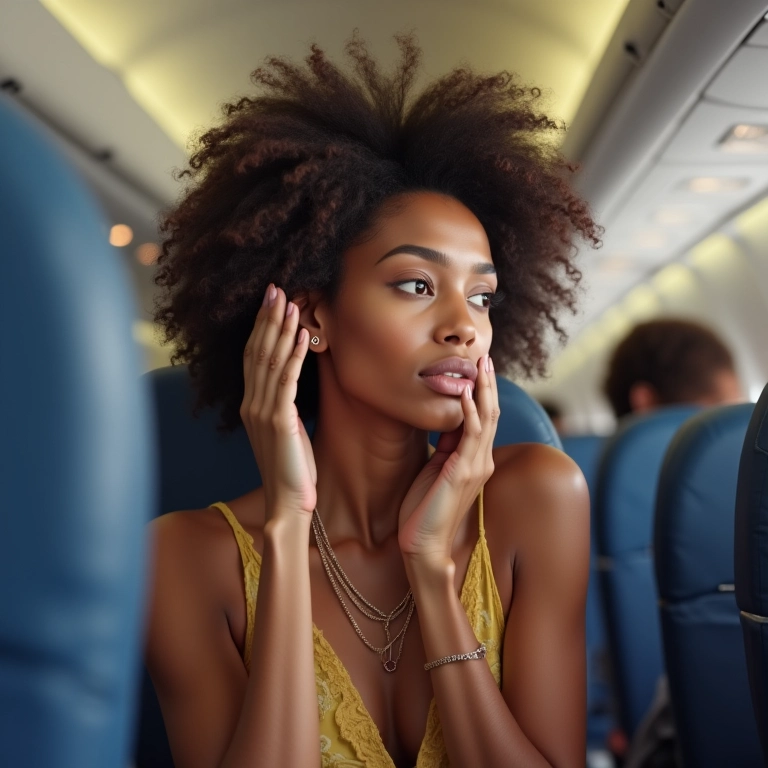 Mulher aplicando bruma facial hidratante durante voo.