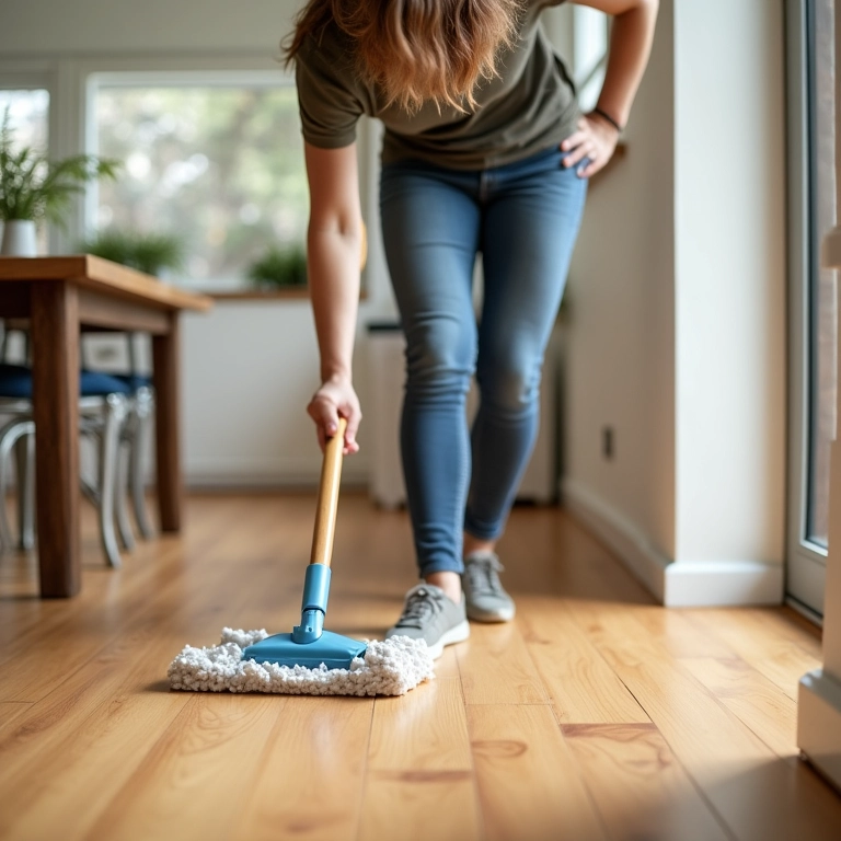 Mulher aplicando cera para piso laminado com um mop.