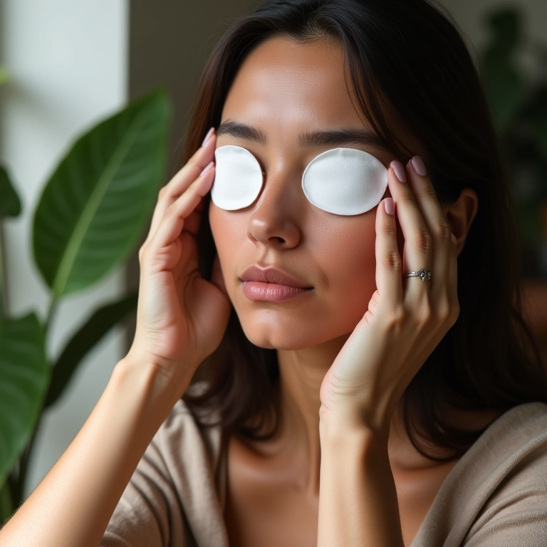 Mulher aplicando compressas geladas de chá de camomila nos olhos.