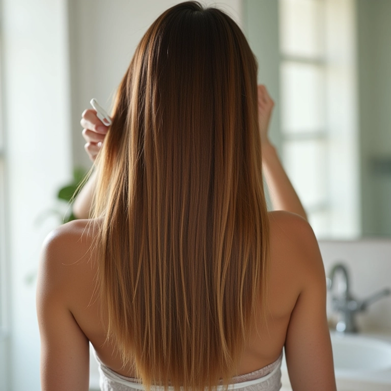 Mulher aplicando condicionador antes do shampoo para cabelos saudáveis.