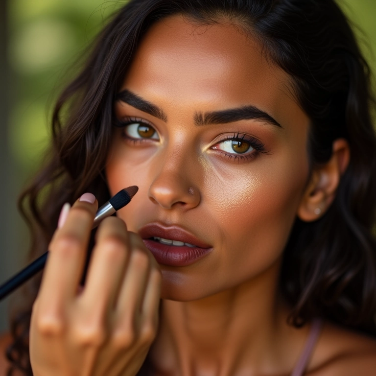 Mulher aplicando contorno e iluminador para realçar os traços.