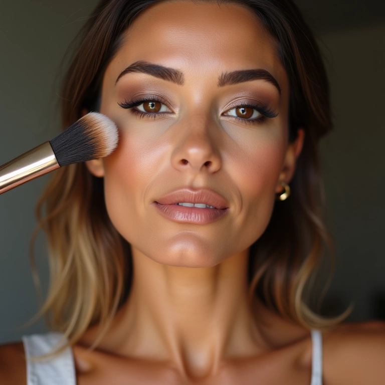 Mulher aplicando contorno sutil no rosto com pincel.