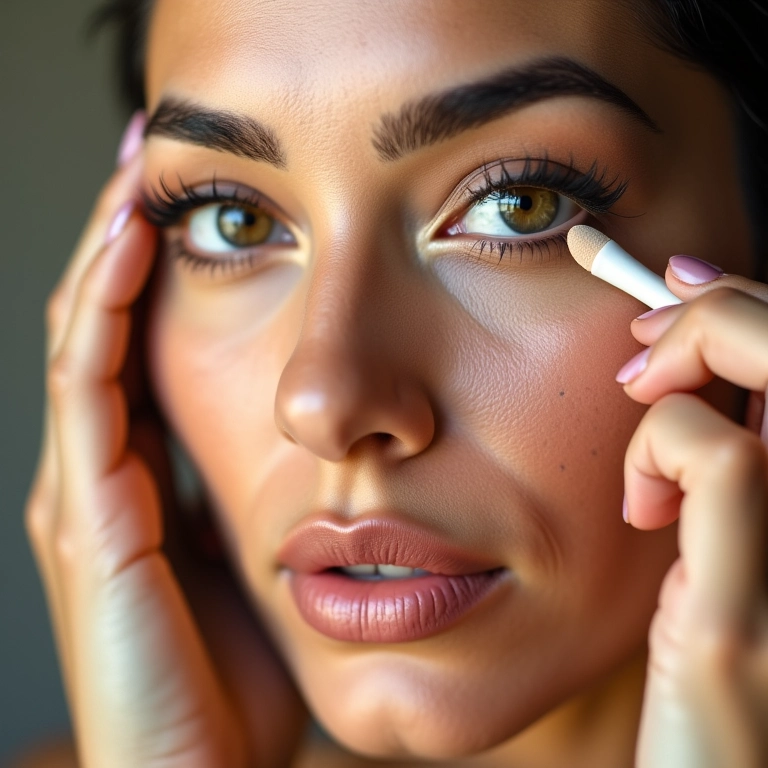 Mulher aplicando corretivo à prova d'água para olheiras.