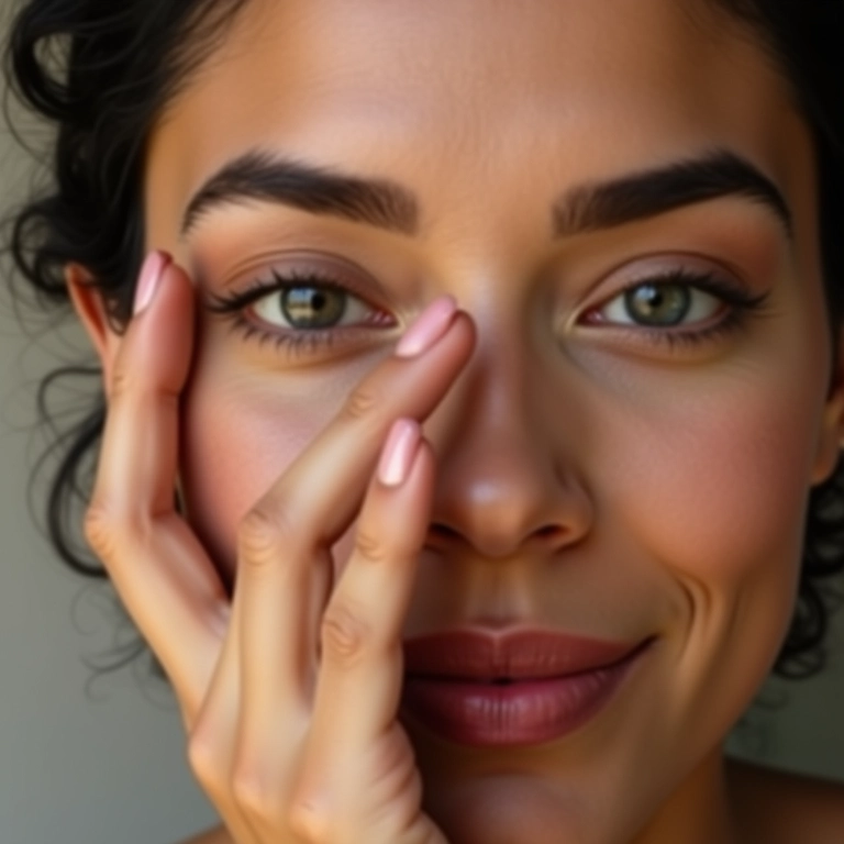 Mulher aplicando corretivo com os dedos para uma maquiagem natural.