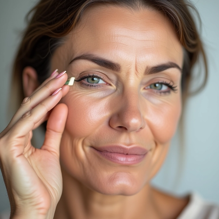 Mulher aplicando corretivo cremoso sob os olhos, olhar iluminado.