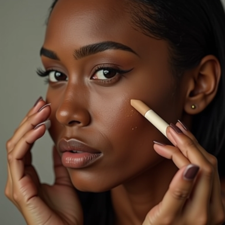 Mulher aplicando corretivo em bastão para cobrir imperfeições.