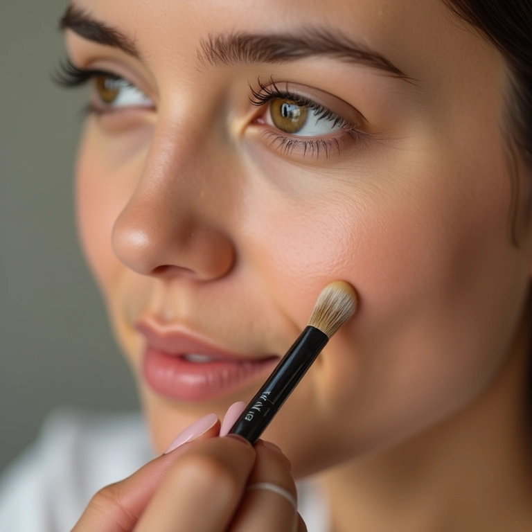 Mulher aplicando corretivo em uma espinha com um pincel pequeno.