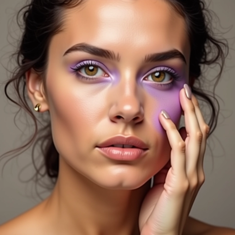Mulher aplicando corretivo lilás para combater o amarelado da pele.
