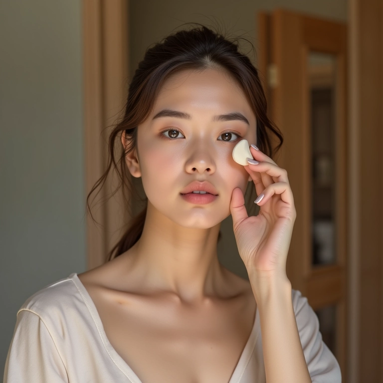Mulher aplicando corretivo líquido com esponja.