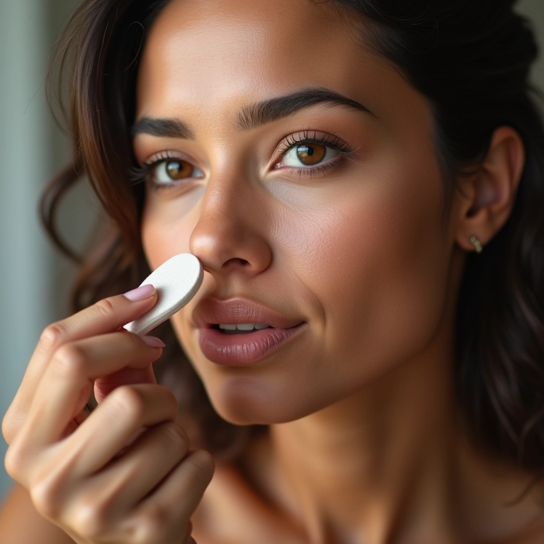 Mulher aplicando corretivo líquido para uma cobertura natural.