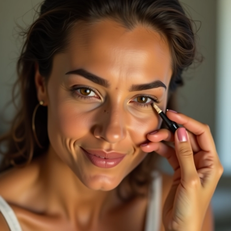 Mulher aplicando corretivo sob os olhos em uma penteadeira bem iluminada.