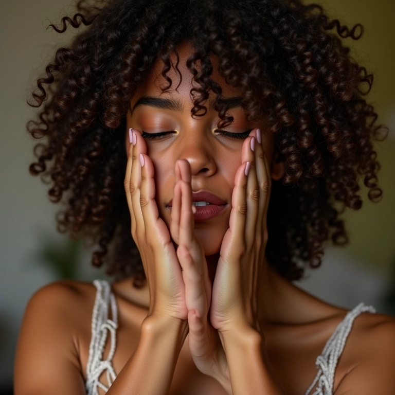 Mulher aplicando creme de fitagem em cabelo cacheado 3C com as mãos em posição de oração.